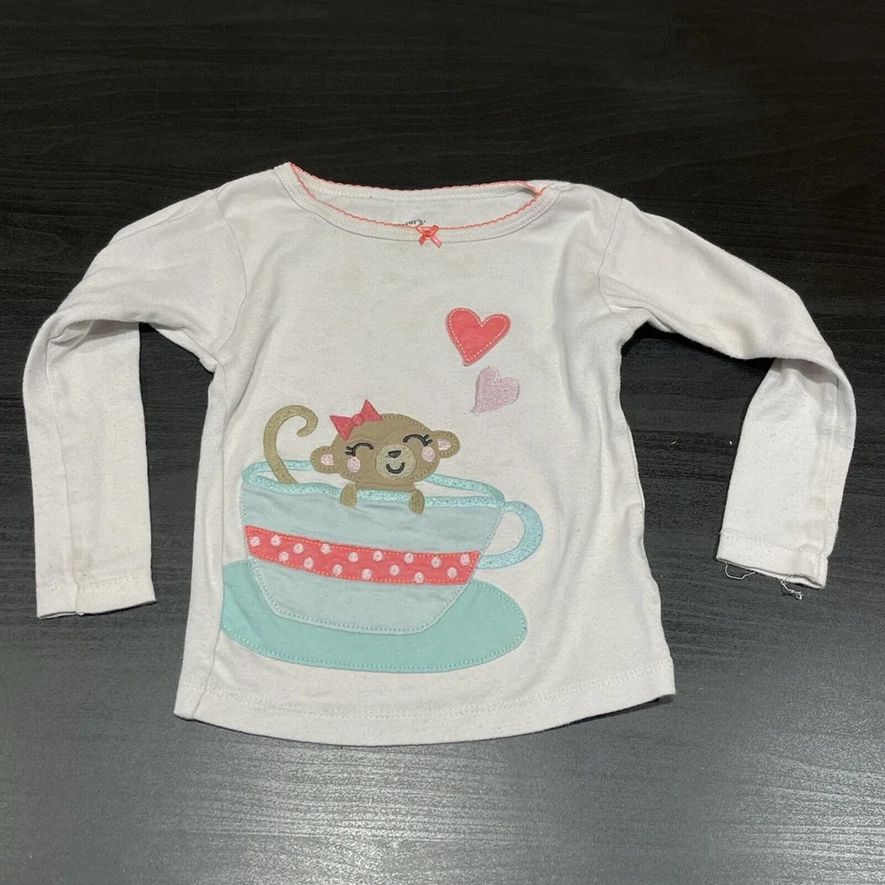 Carter's Baby Girl 2 Piece Pajamas‎ Teacup Monkey & Fleece Polka Dot Pants Sz 2T
